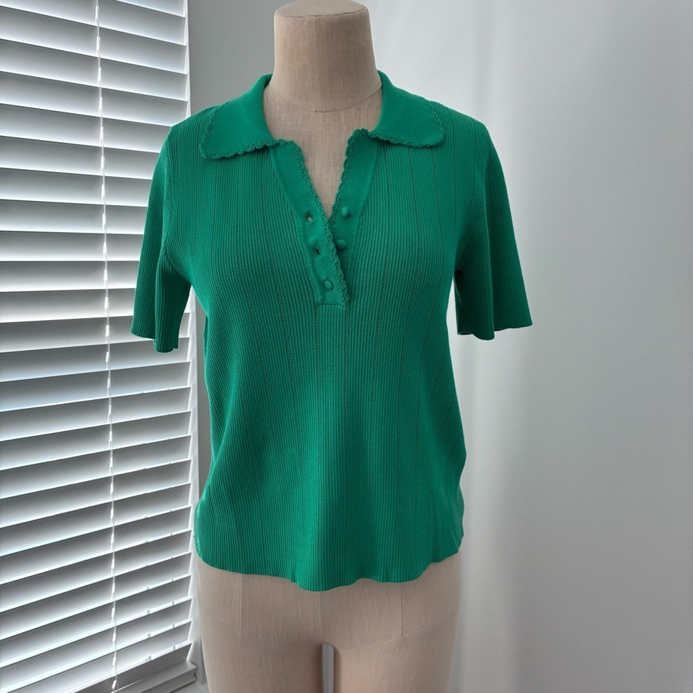 Women's Green Knit Polo Short Sleeve Sweater